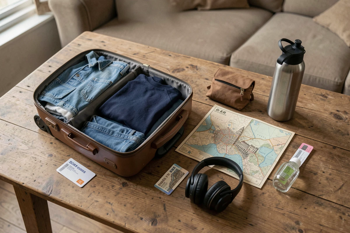 Préparation des bagages pour un voyage en train vers Venise avec valise cabine et accessoires de voyage disposés sur une table