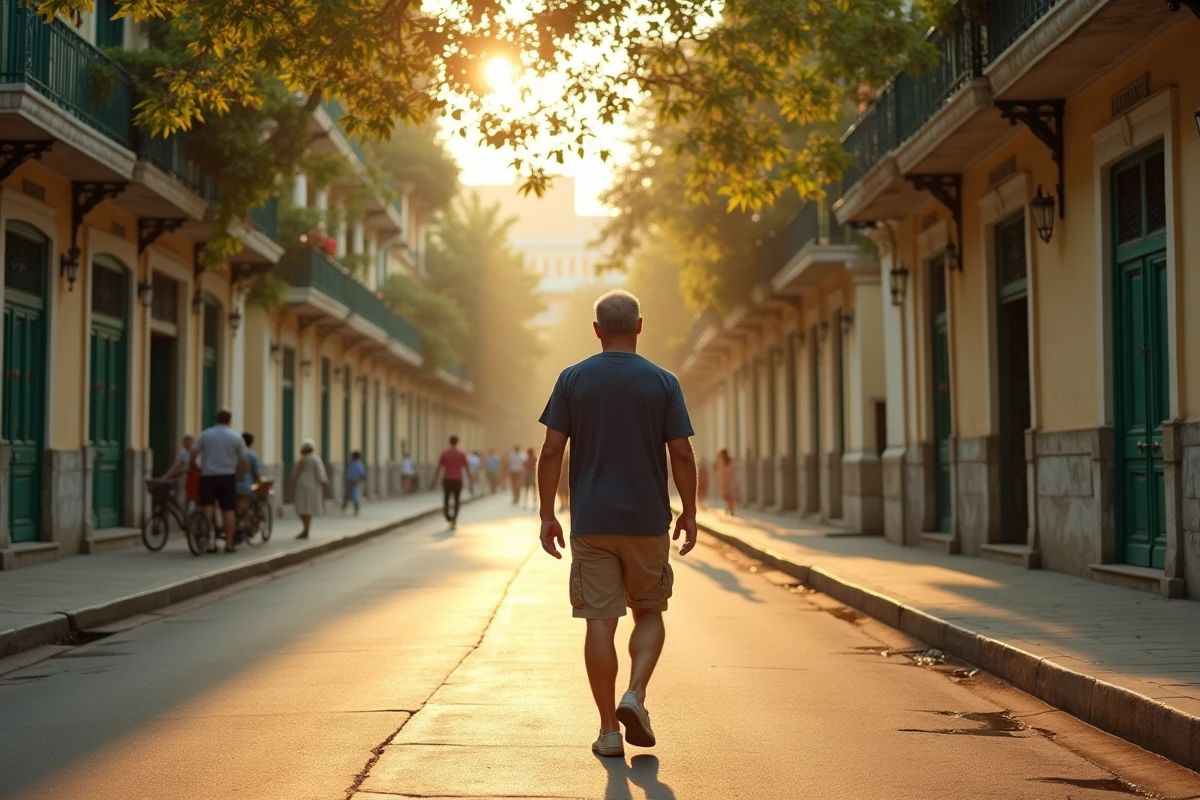 Voyageur européen se promenant sur le boulevard colonial de l'île Shamian à Guangzhou lors d'un coucher de soleil doré