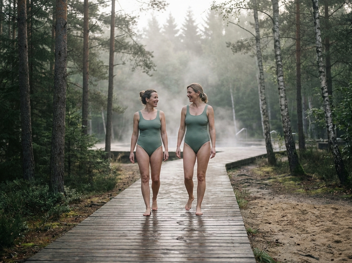 Deux femmes en maillot vert sauge se promenant sur un chemin en bois dans un parc thermal en plein air dans les Ardennes belges entouré de pins et de brume matinale