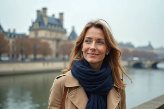 Femme se promenant à pied le long de la Seine près du Musée d'Orsay à Paris en automne