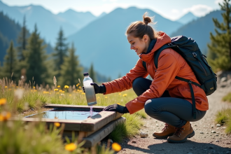 Jeune femme en randonnée buvant à une source naturelle en montagne
