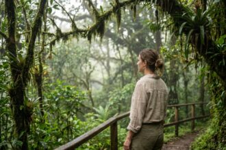 Femme en randonnée sur un sentier de la forêt nuageuse de Monteverde au Costa Rica pendant la saison sèche