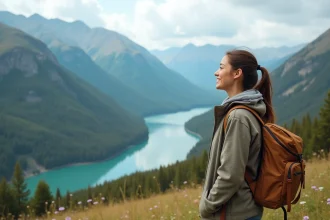 Femme souriante en randonnée avec vue sur la montagne