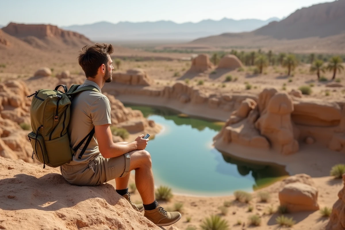 Jeune randonneur regardant le spring de Ksar Ghilane