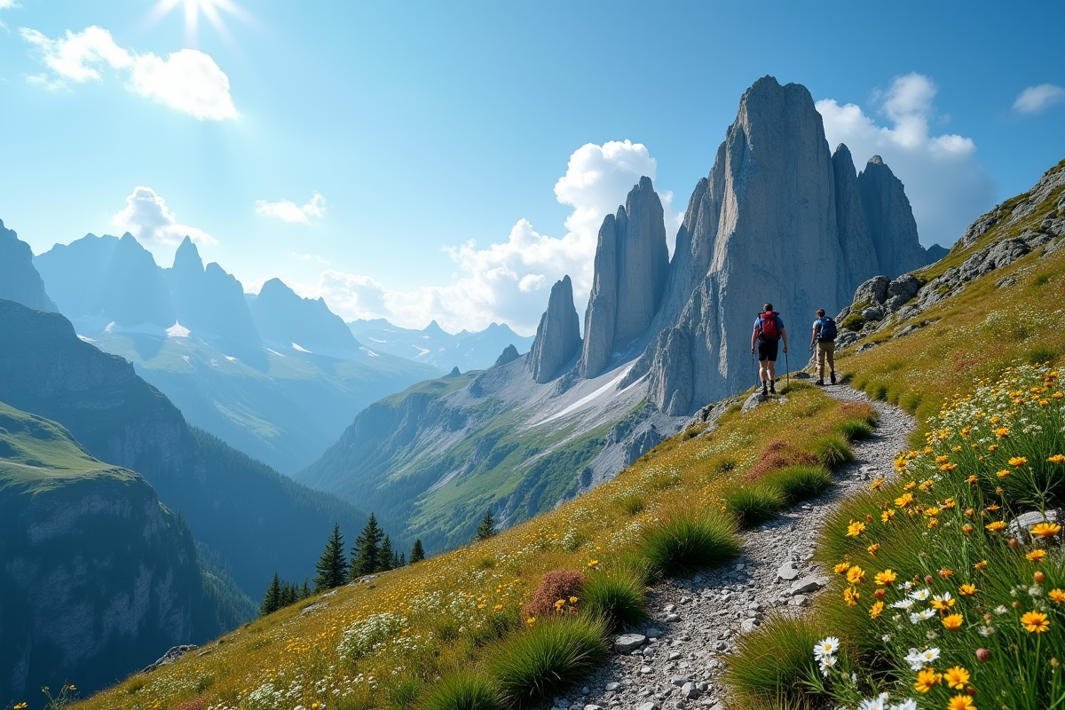 Randonneurs gravissant un sentier dans le massif de Lauzière