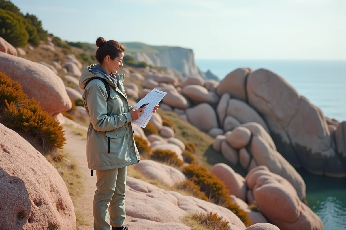Femme consultant une carte sur les rochers de granite rose à Ploumanac'h lors d'une balade en bord de mer