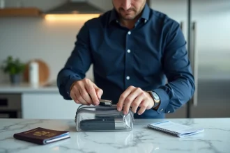 Homme rangeant un rasoir électrique dans un sac de toilette transparent homologué avant un voyage en avion