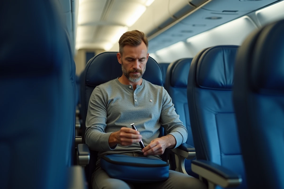 Voyageur récupérant son rasoir électrique dans son bagage sous le siège en cabine lors d'un long vol