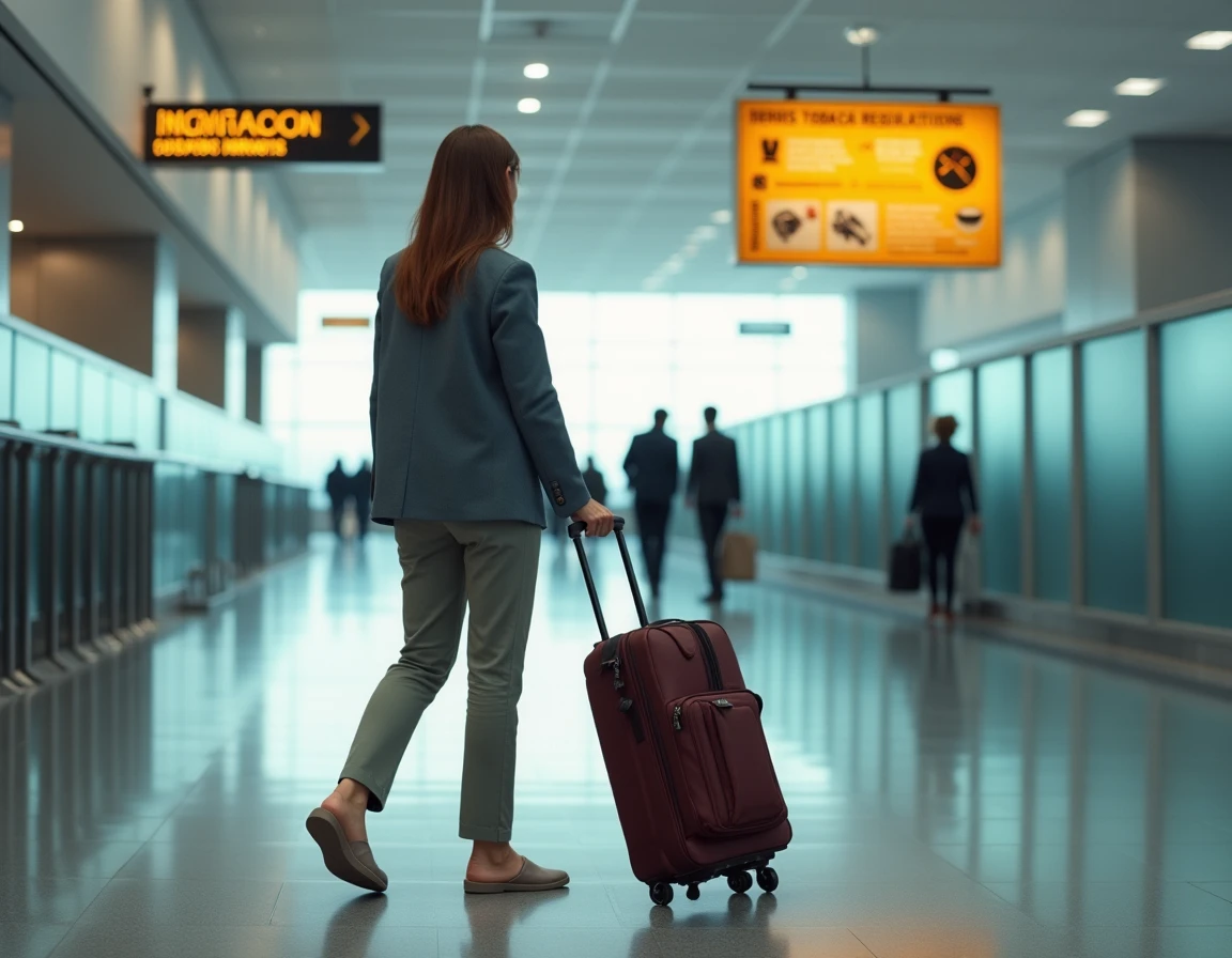 Voyageuse à l'aéroport espagnol devant une affiche sur la réglementation douanière des cigarettes en Espagne