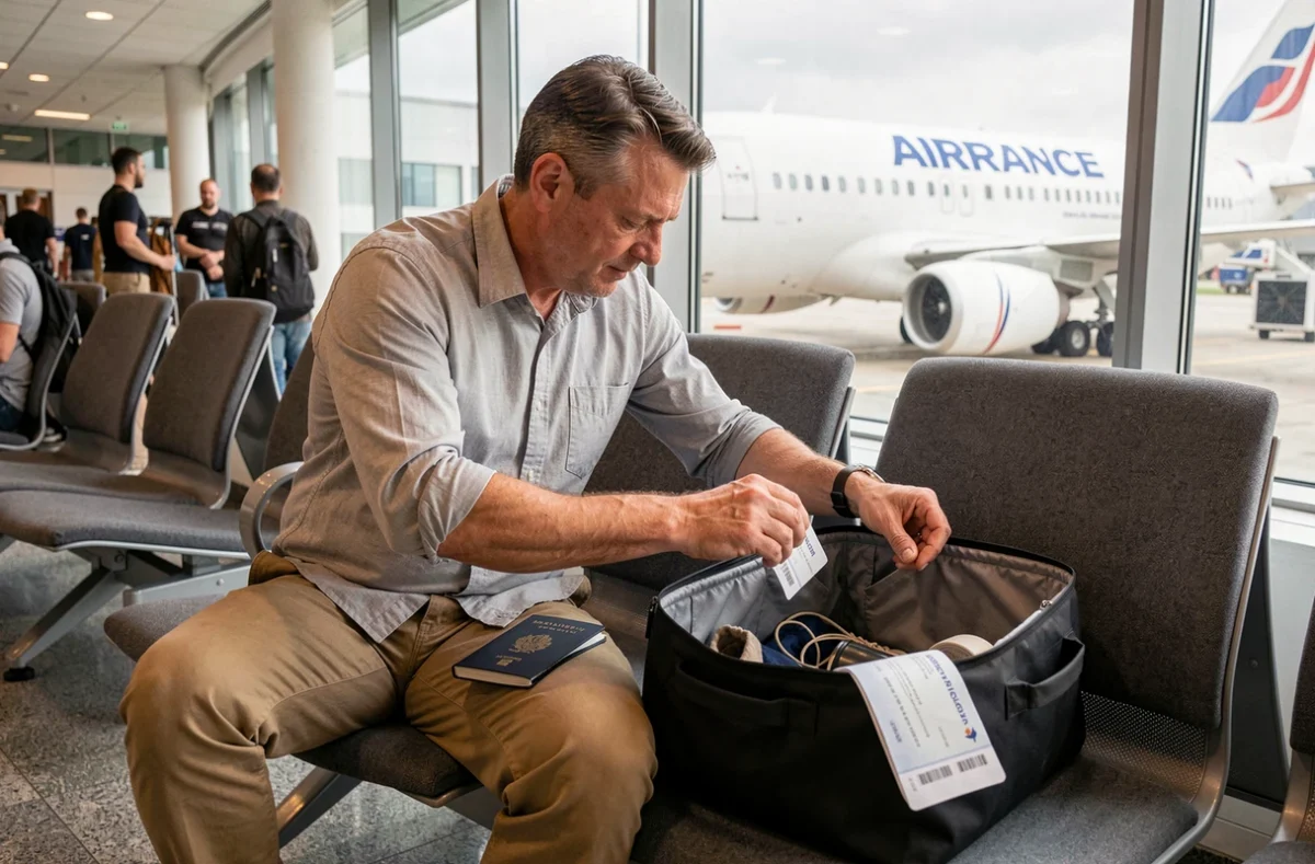 Voyageur reorganisant le contenu de sa valise cabine trop chargée dans la salle d'attente d'un aéroport