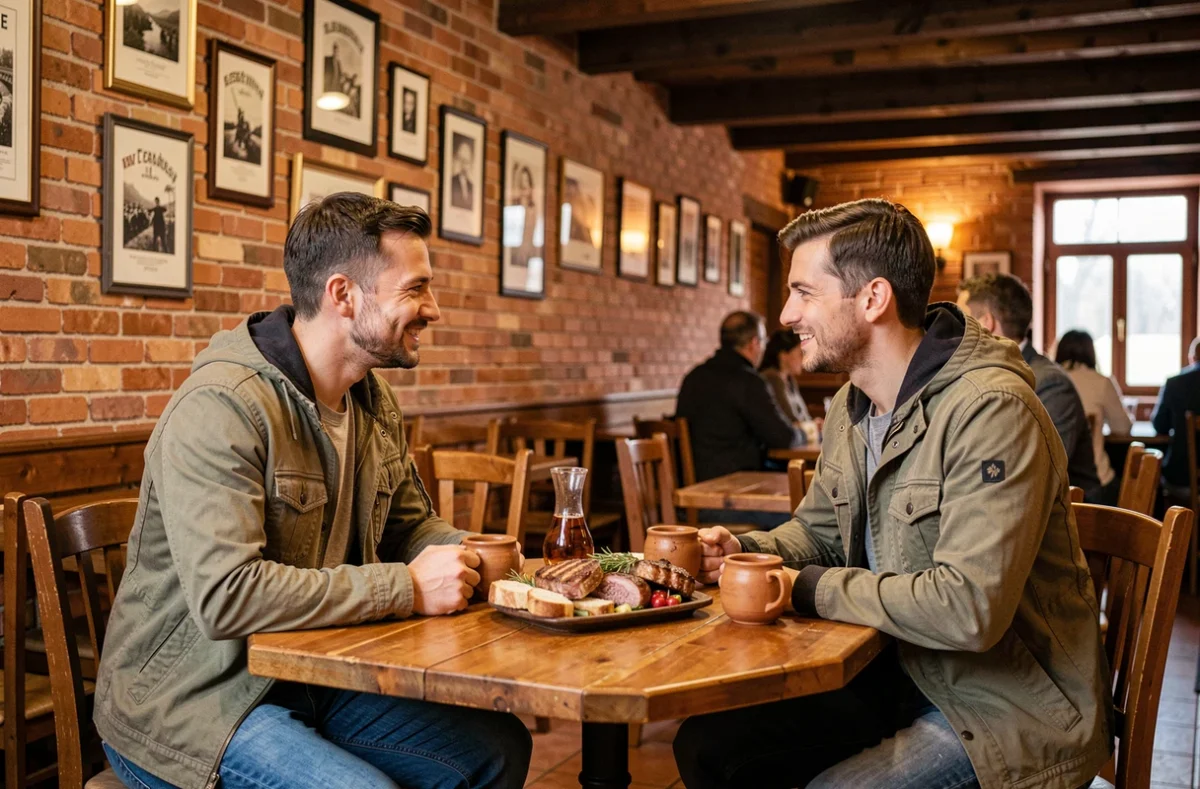 Couple de voyageurs partageant un repas traditionnel dans un kafana serbe abordable