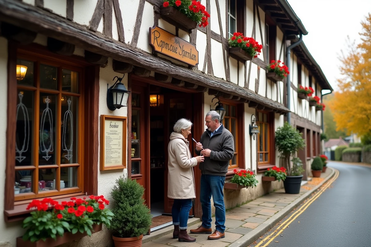Façade d'un restaurant normand traditionnel à colombages avec couple lisant le menu en automne