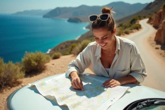 Femme consultant une carte routière sur le capot d'une voiture de location lors d'un road trip côtier près d'Héraklion en Crète