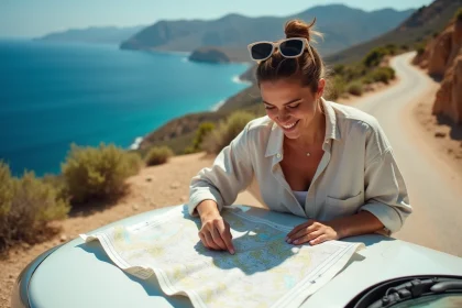 Femme consultant une carte routière sur le capot d'une voiture de location lors d'un road trip côtier près d'Héraklion en Crète