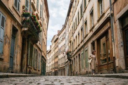 Rue pavée typique de la Croix-Rousse à Lyon avec ses immeubles canuts en pierre ocre, une femme en manteau de lin marchant devant une boulangerie artisanale