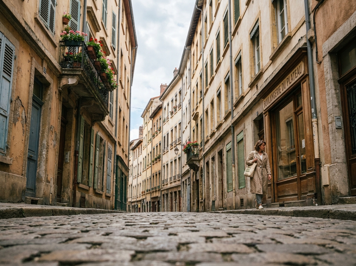 Rue pavée typique de la Croix-Rousse à Lyon avec ses immeubles canuts en pierre ocre, une femme en manteau de lin marchant devant une boulangerie artisanale
