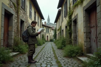 Explorateur adulte debout dans une rue en ruine d'une ville fantôme française à l'aube, facades de pierre effondrées et végétation envahissante