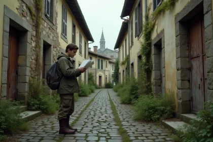 Explorateur adulte debout dans une rue en ruine d'une ville fantôme française à l'aube, facades de pierre effondrées et végétation envahissante