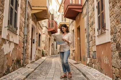Femme consultant une carte dans une ruelle pavée de Senglea, Malte, entourée de balcons traditionnels maltais colorés