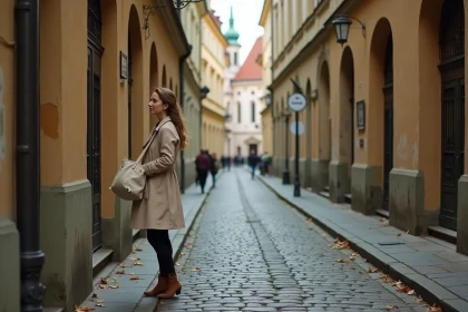 Ruelle pavée de Malá Strana à Prague avec une femme se promenant devant des façades baroques en automne