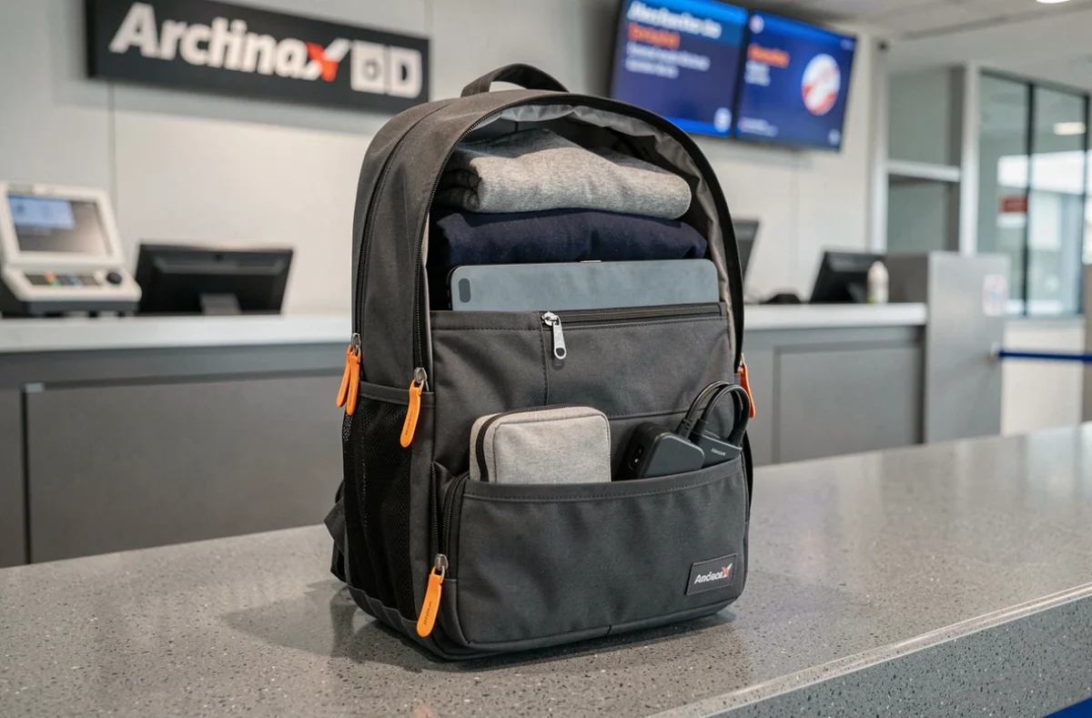 Sac à dos de voyage cabine ouvert et organisé posé sur un comptoir d'aéroport, respectant les dimensions autorisées en avion