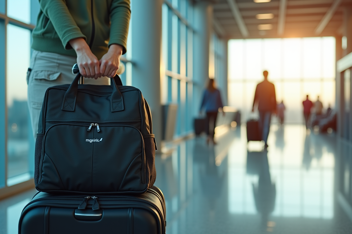 Sac à dos dans un gabarit Spirit Airlines avec mains ajustant le bagage