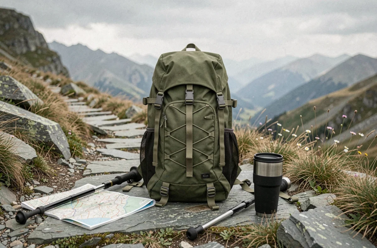 Sac à dos de randonnée abordable posé sur un sentier de montagne avec accessoires de voyage, illustrant le meilleur choix qualité-prix