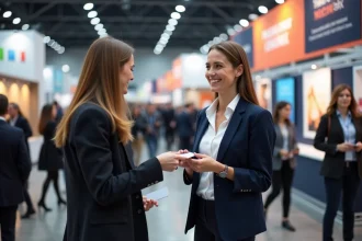 Blogueuse voyage échangeant des cartes de visite lors d'un salon professionnel du voyage 2026