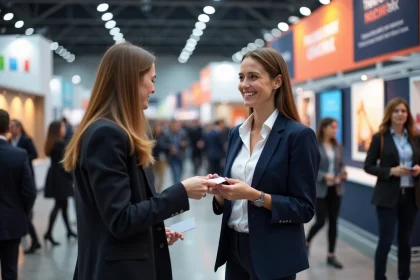 Blogueuse voyage échangeant des cartes de visite lors d'un salon professionnel du voyage 2026