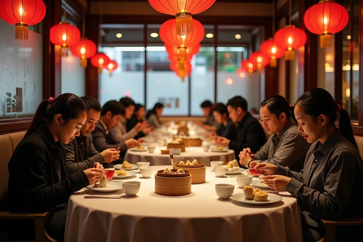 Ambiance animée d'un salon de thé traditionnel dim sum à Guangzhou avec familles et chariots de bambou vapeur