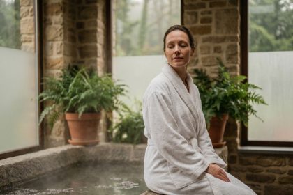 Femme en peignoir blanc se relaxant dans un bain thermal en pierre dans un spa belge aux murs en grès, ambiance bien-être en Ardennes