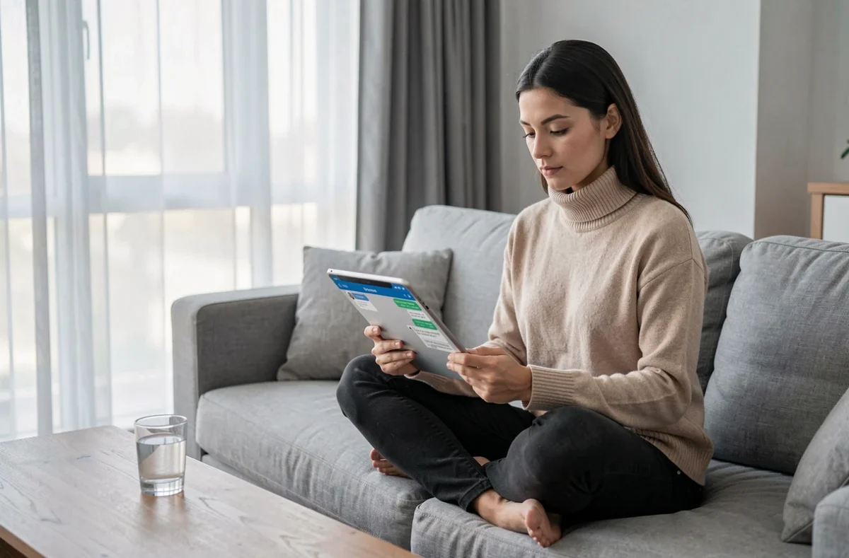 Jeune femme utilisant une tablette pour contacter le service client Air Algérie en ligne et suivre sa demande de remboursement