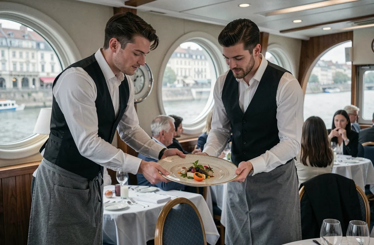 Serveur présentant un plat gastronomique à un passager lors d'une croisière repas à Lyon