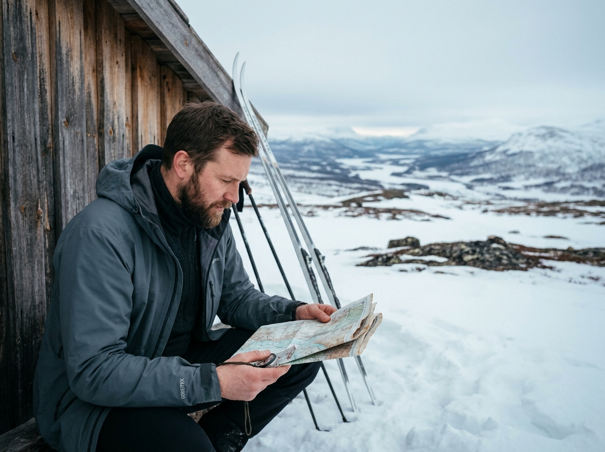 Skieur de randonnée consultant une carte topographique près d'un abri traditionnel en Laponie suédoise