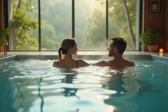 Couple relaxant dans un spa intérieur moderne lumineux