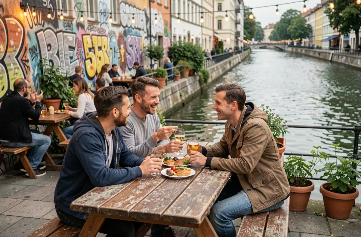 Groupe d'amis attablés en terrasse au bord du Donaukanal à Vienne pour un apéritif