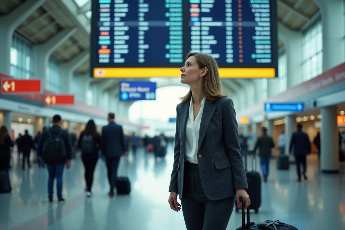 Femme consultant le tableau des départs à l'aéroport Charles de Gaulle avant un vol longue durée vers Hong Kong