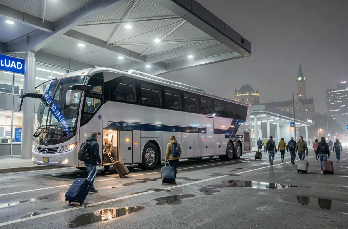 Bus de nuit intercités stationné au terminal de Montréal avec des voyageurs chargeant leurs bagages avant le départ vers New York