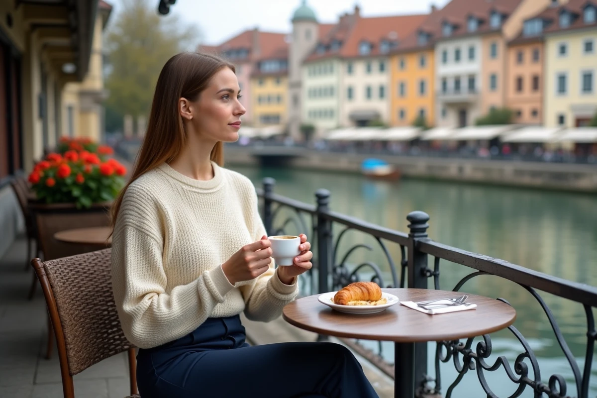 Femme seule savourant un café en terrasse au bord du canal de Ljubljana entourée de façades baroques colorées