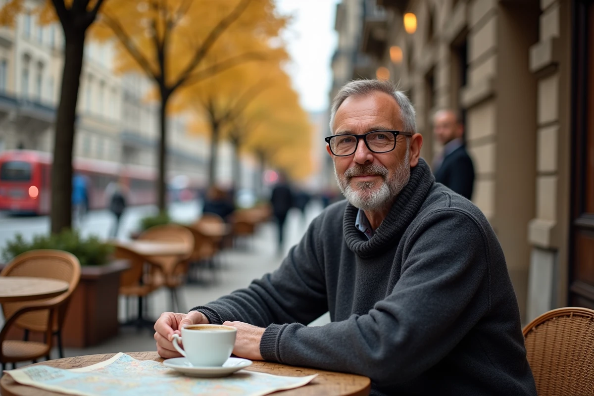 Homme attablé en terrasse dans le quartier de Vinohrady à Prague devant des immeubles Art Nouveau