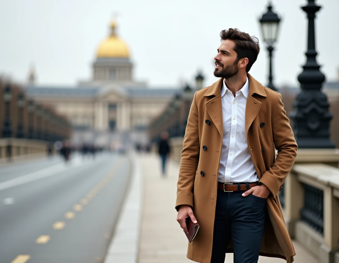 Touriste masculin explorant Paris à pied sur le Pont de la Concorde avec vue sur les Invalides