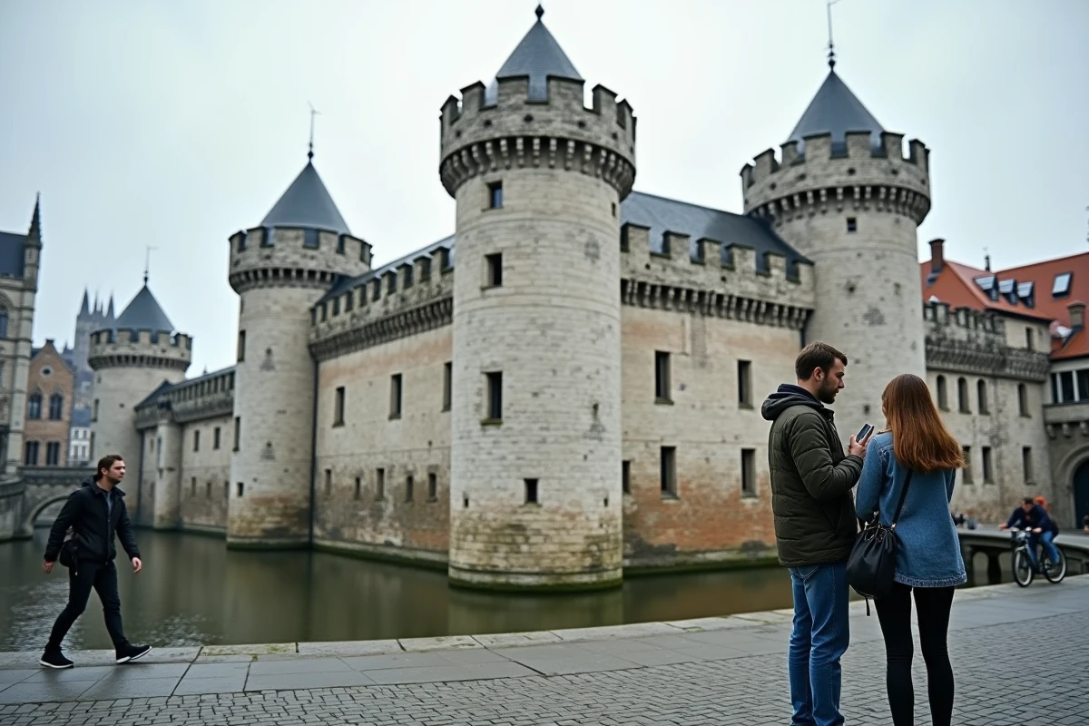 Touristes devant le château des Comtes Gravensteen à Gand avec ses tours médiévales en pierre