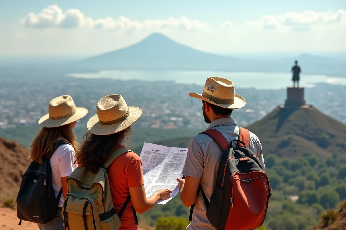 Touristes consultant une carte au parc Loma de Tiscapa avec vue sur le lac de Managua et le monument Sandino