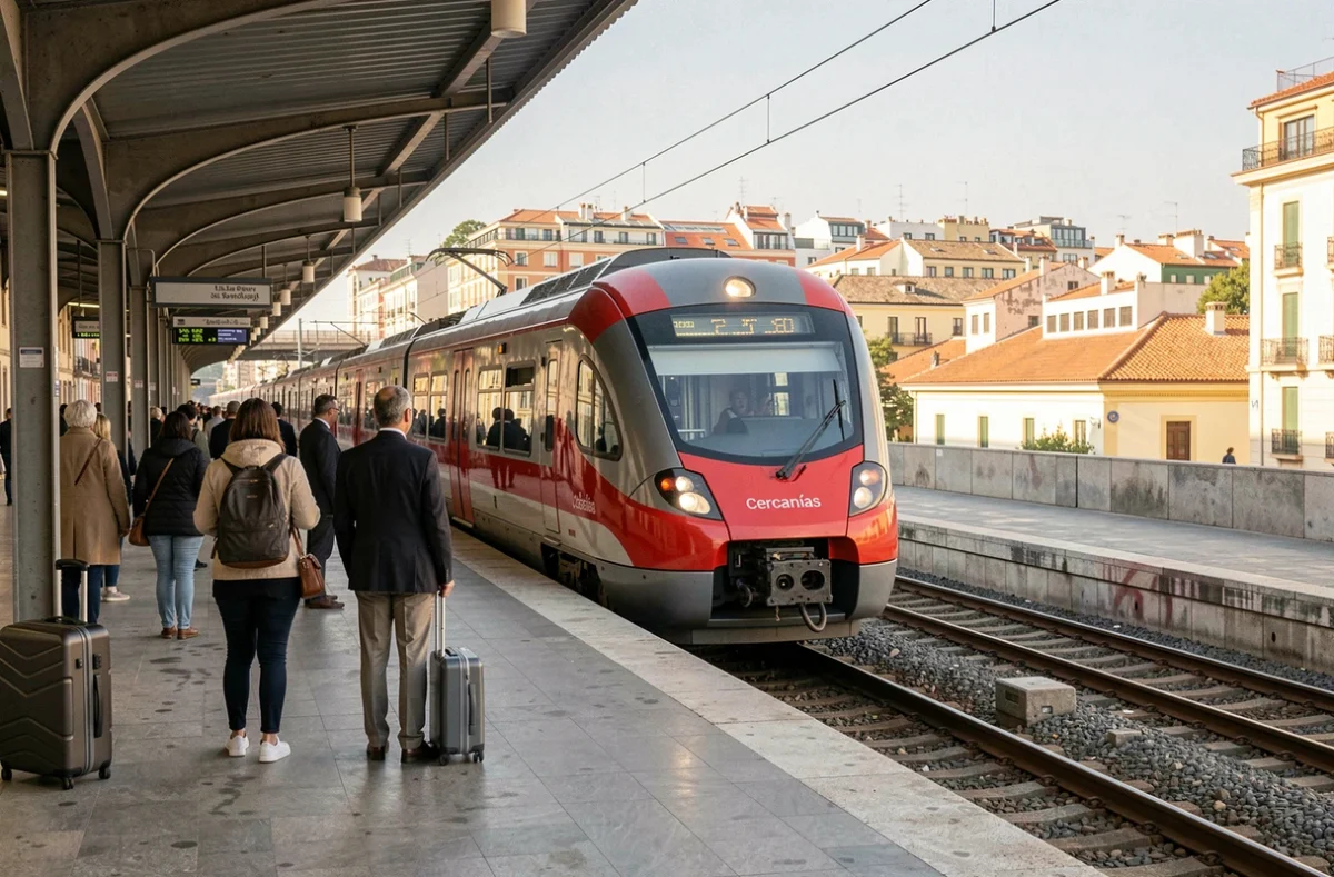 Train Cercanías en gare du centre de Madrid avec des passagers et bagages sur le quai, liaison directe depuis l'aéroport Barajas