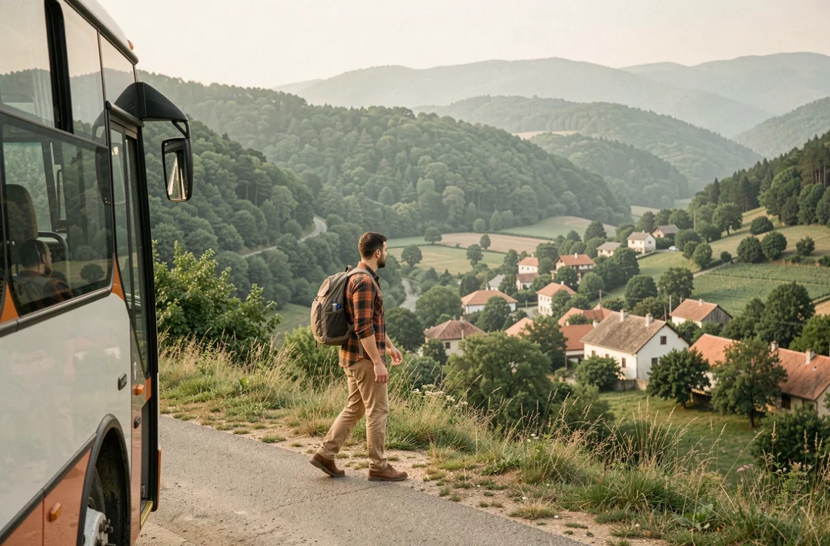 Voyageur descendant d'un bus régional dans la campagne serbe avec vue sur un village traditionnel