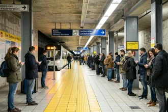 Rame de métro U-Bahn arrivant en station souterraine à Berlin avec des voyageurs sur le quai