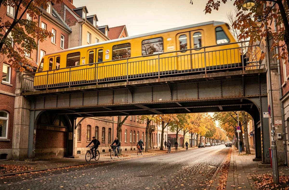 Train U-Bahn jaune de Berlin traversant un viaduc surélevé au-dessus d'une rue urbaine en automne