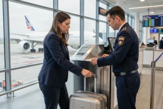Passagère Air France présentant sa valise cabine dans un gabarit de contrôle à la porte d'embarquement