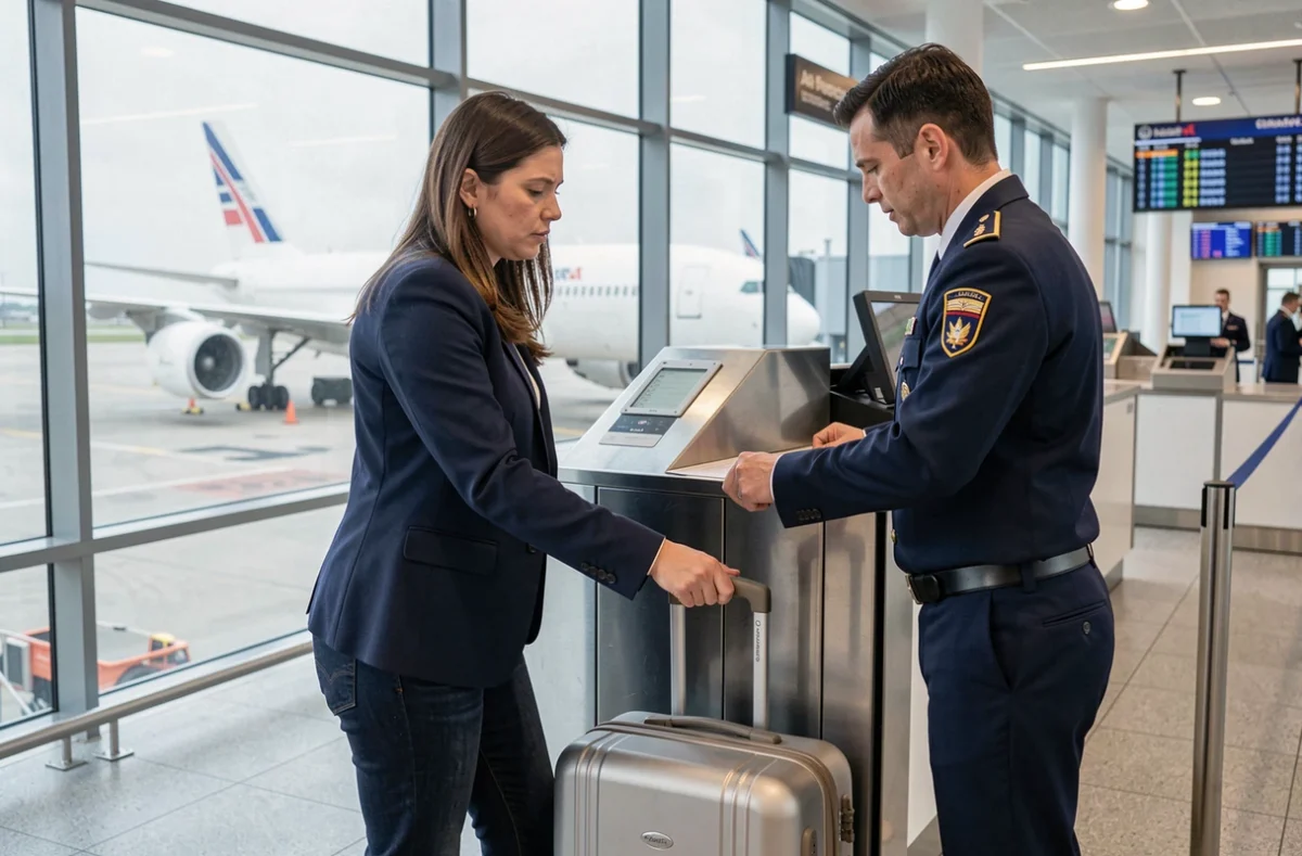 Passagère Air France présentant sa valise cabine dans un gabarit de contrôle à la porte d'embarquement