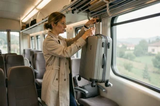 Femme plaçant une valise dans le porte-bagages d'un train européen en direction de Venise